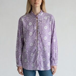 Alix Of Bohemia Blouse Small Purple Floral Tie Front Ruffle Neck Boho Top Shirt